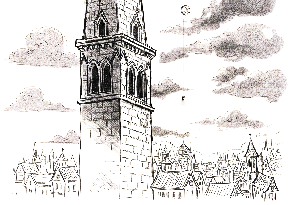 Sketch of a coin being thrown from a tower